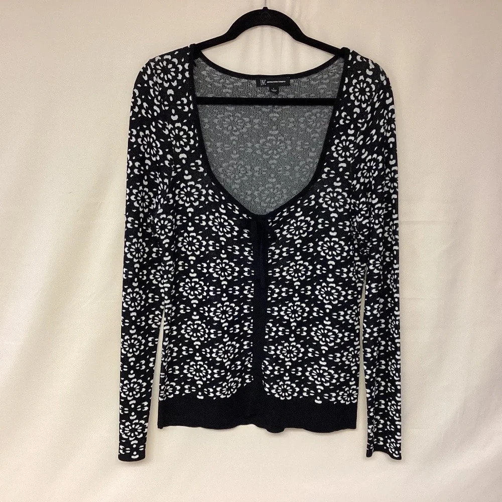 INC Sweater Geometric Floral Print Decorative Tie Front Scoop Neck Womens SZ L